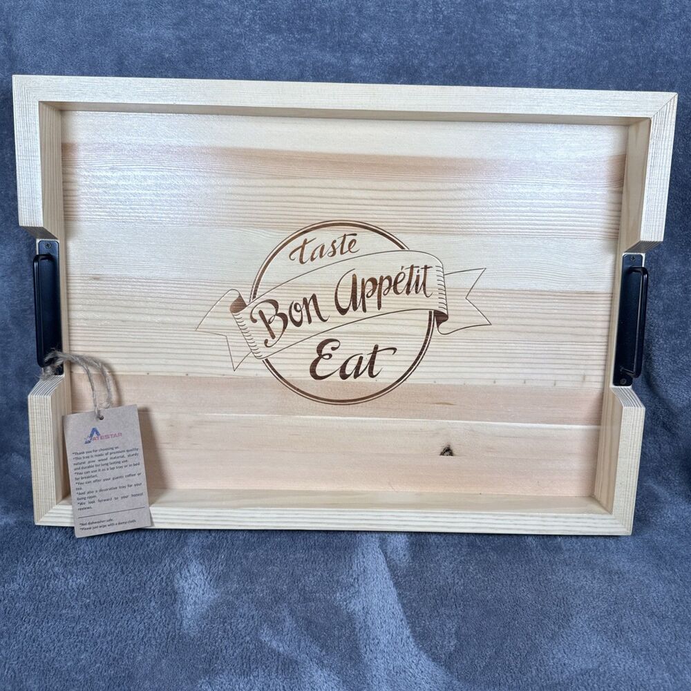 Serving Tray W/Metal Handles Pine Wood Decorative “Bon Appetite” 19.25”x 13.75”